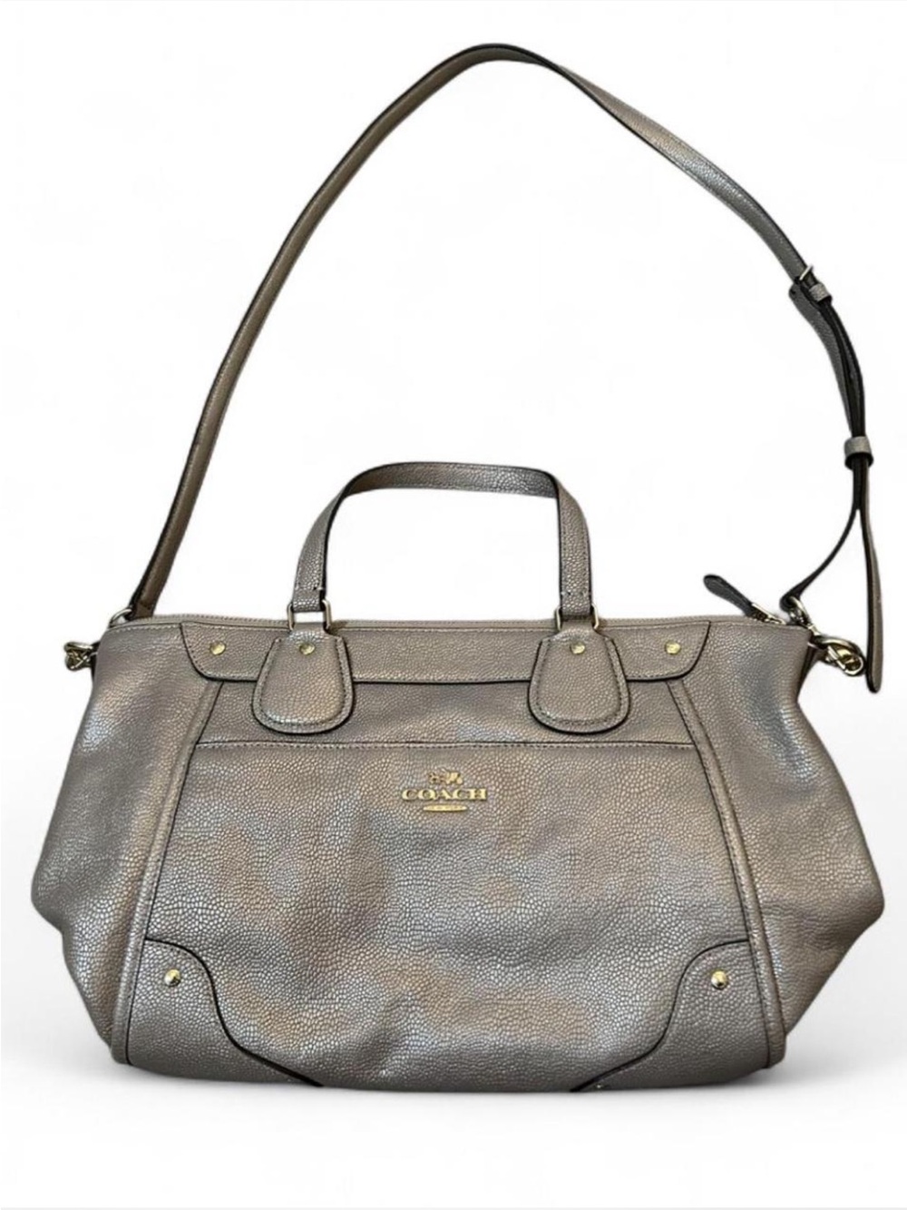 Authentic Coach Mickie Satchel Champagne Metallic Caviar Grain Leather